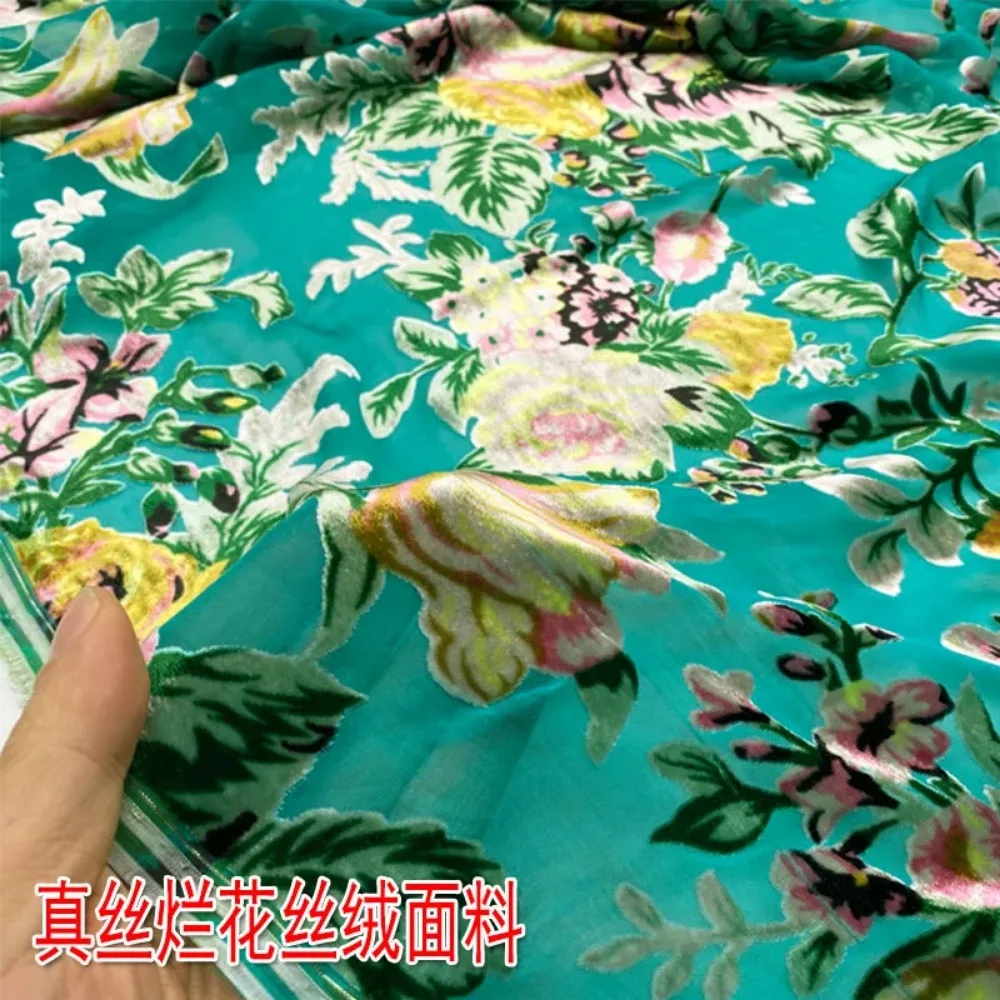 Real Velvet Fabric By Meter Burnt Out Velvet Hollow Jacquard Mulberry Silk Dress Micro Transparent Cheongsam Clothing Fabric