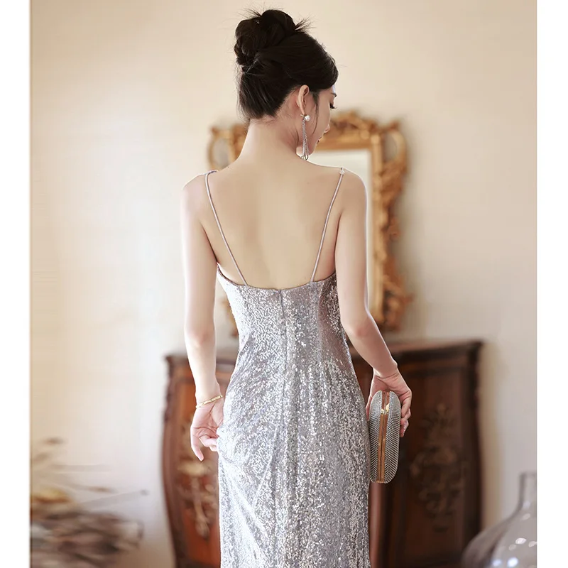 Silver Sequin Evening Dress Women Spaghetti Strap Backless Prom Gown Elegant Modern Sleeveless Fishtail Cocktail Dresses