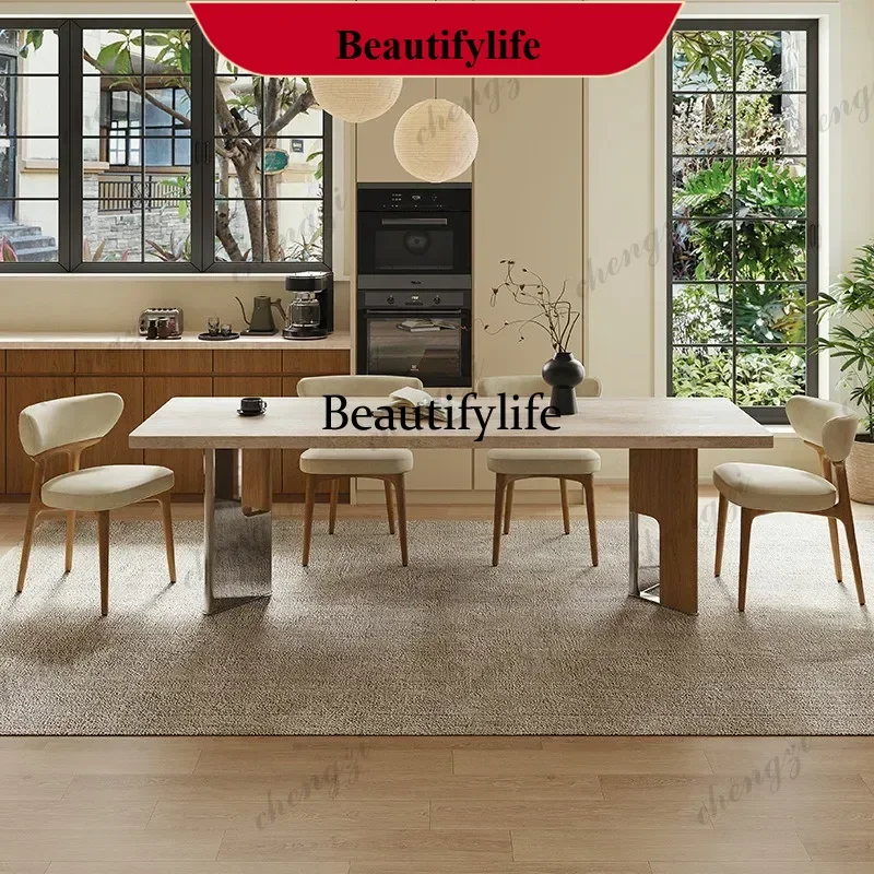 Medieval solid wood thickened travertine rock slab minimalist premium dining table p182