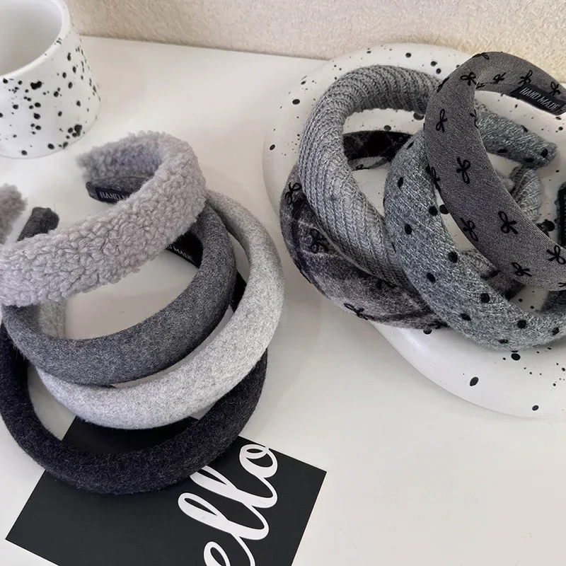 رمادي سلسلة رباطات الرجعية محبوك القوس واسعة رباط شعر للمرأة فتاة أنيقة الشعر هوب سيدة الشتاء موضة إكسسوارات الشعر جديد #4