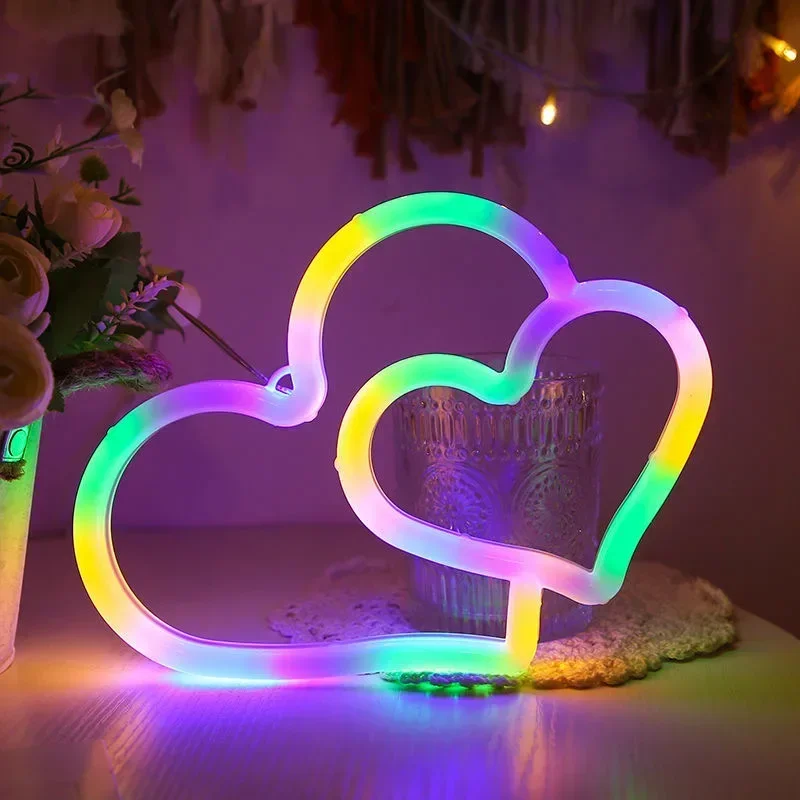 Double Heart Neon Light Sign LED Love Modeling Cupid Arrow Lamp Wall Decoration for Room Shop Party Gift USB & Battery Case