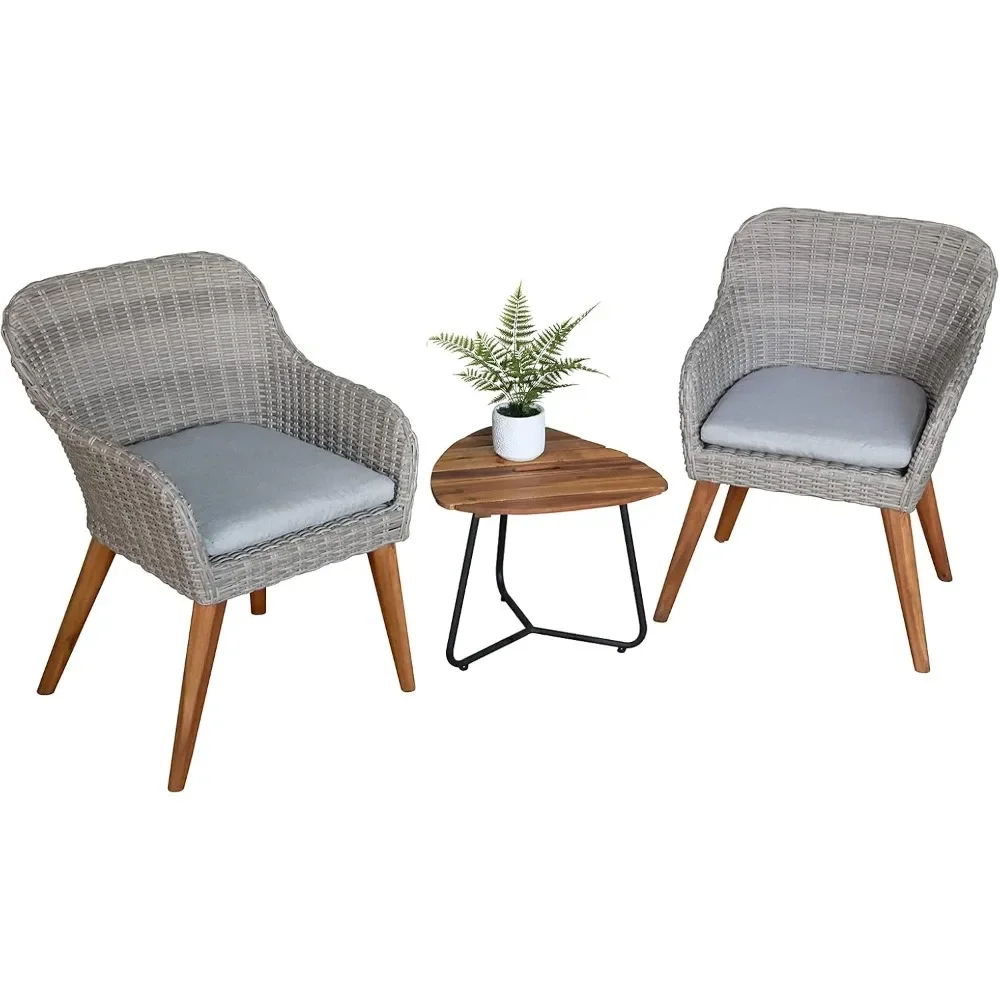 

Outdoor 3-Piece Bistro Set with Seat Cushion, Two Chairs and Wood Top Side Table, Gray Wicker with Wood Leg