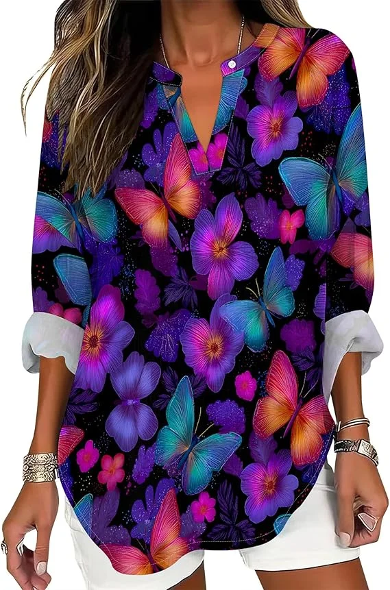 2025 novos estilos femininos vintage flores com decote em v camisa diversão boêmio padrão de flor camiseta casual flores silvestres camisa feminina