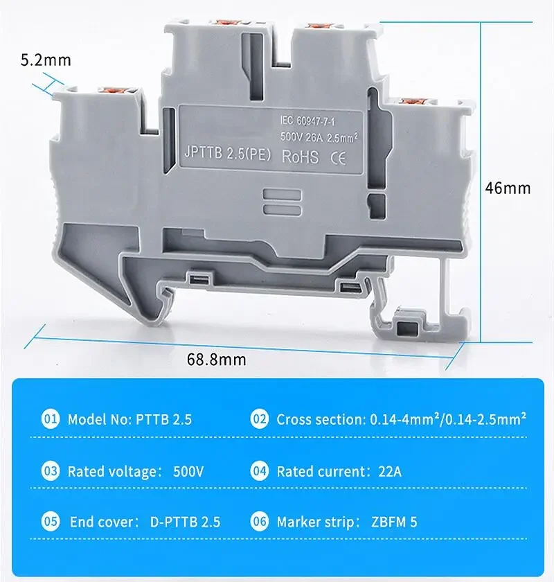 Imagem -03 - Din Rail Terminal Block Pttb2.5 Conector Elétrico Dupla Camada Primavera Fiação Conexão Fio Condutor Bloco Terminal 50 Pcs