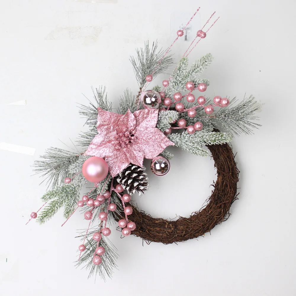 Pink Christmas Wreath for Front Door Christmas Door Wreath Rattan Hanging Ornaments for Door Window Mantle New Year Home Decor