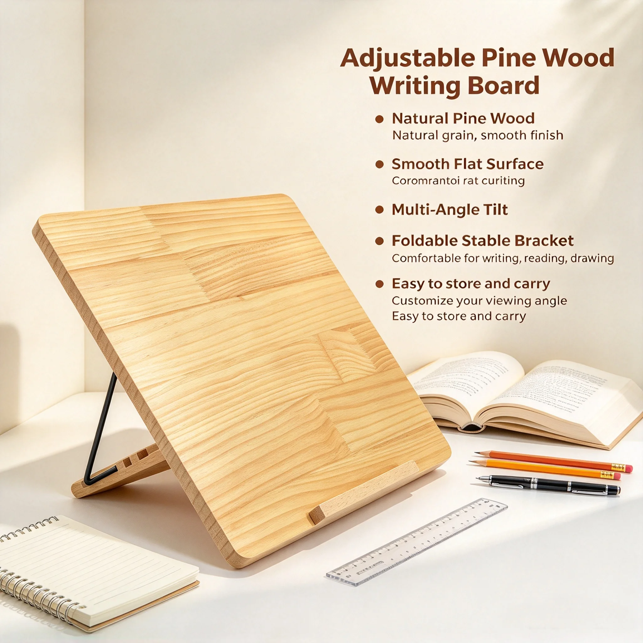 Adjustable Pine Wood Reading Board Large Tilting Desk for Writing, Drawing & Laptop Tabletop Stand for Students Artists