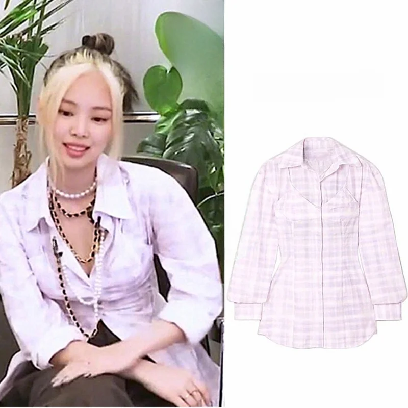 

Kpop Korean Singer Jennie Jazz Dance Costume Y2k Sexy Plaid Long Sleeve Hollow Out Shirts Women Evening Party Clothes Stage Wear