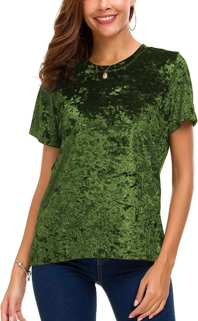 Damen-T-Shirt aus Crushed-Samt in Übergröße, kurzärmelig, Rundhalsausschnitt, lässiges, lockeres Oberteil – Detail 7