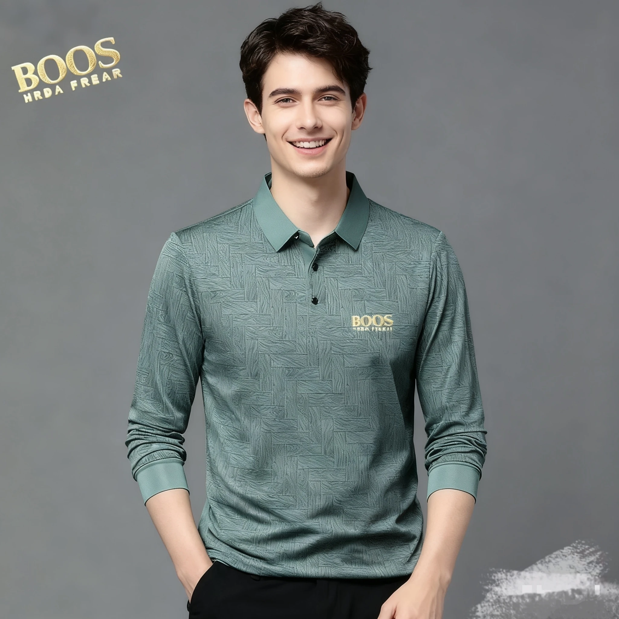 

Golden Logo New Men's Business Casual Long Sleeved Shirt Solid Color Polo Shirt Fashionable Breathable Comfortable Versatile Top