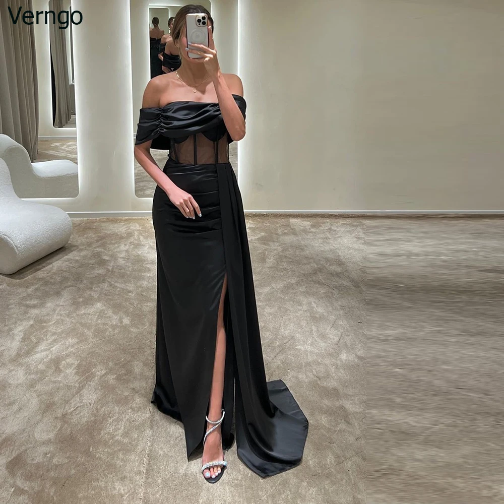 

Verngo Mermaid Black Prom Dress Strapless Off Shoulder Evening Party Gown Satin Saudi Arabia Formal Occasion Dress فساتين السهرة