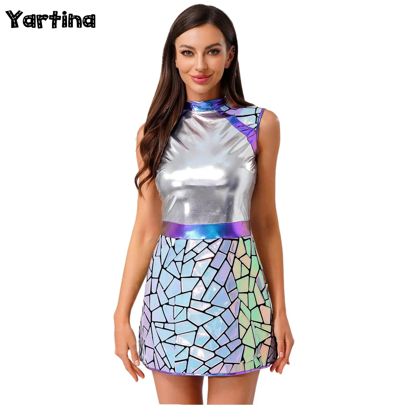 Disfraz de guerrero del espacio exterior alienígena de Halloween para mujer, vestido de astronauta con lentejuelas degradadas, vestido de Robot acampanado metálico brillante