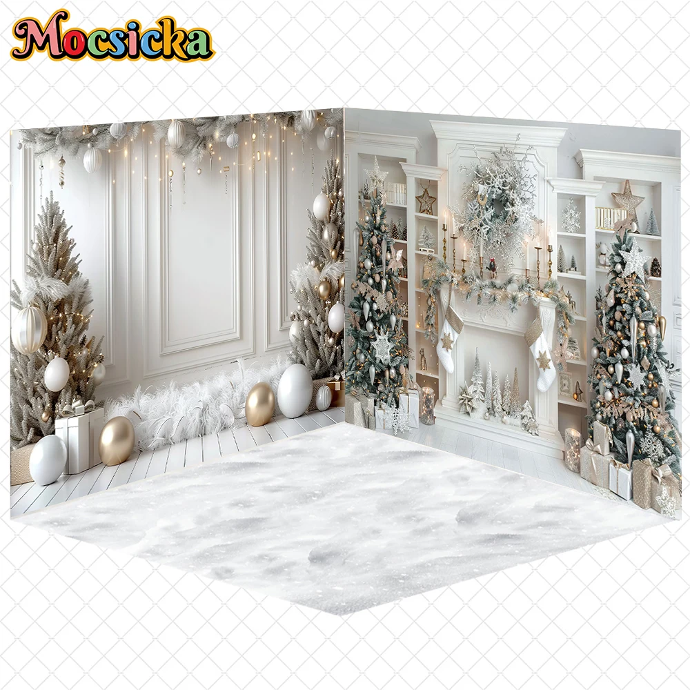 

Mocsicka New Year Party Backdrops White Palace Wall Fireplace Decorations Wallpaper Family Christmas Tree Background Photography