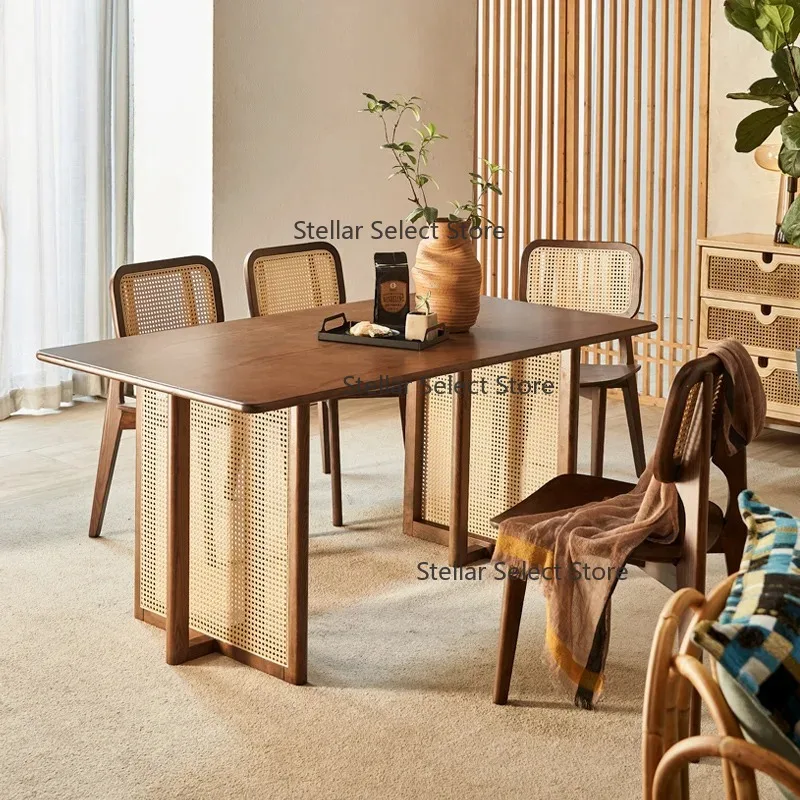 Customizable Japanese dining table ash wood rattan dining table and chair combination retro simple bench chair walnut solid wood