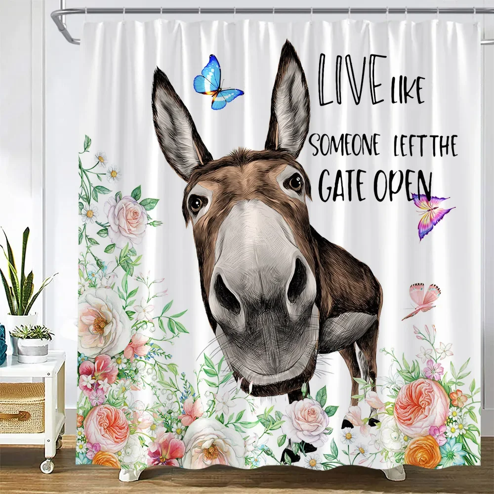 Funny Farm Animal Shower Curtain Butterfly Flowers Sunflower Rose Plant Inspirational Quotes Donkey Bath Curtains Bathroom Decor