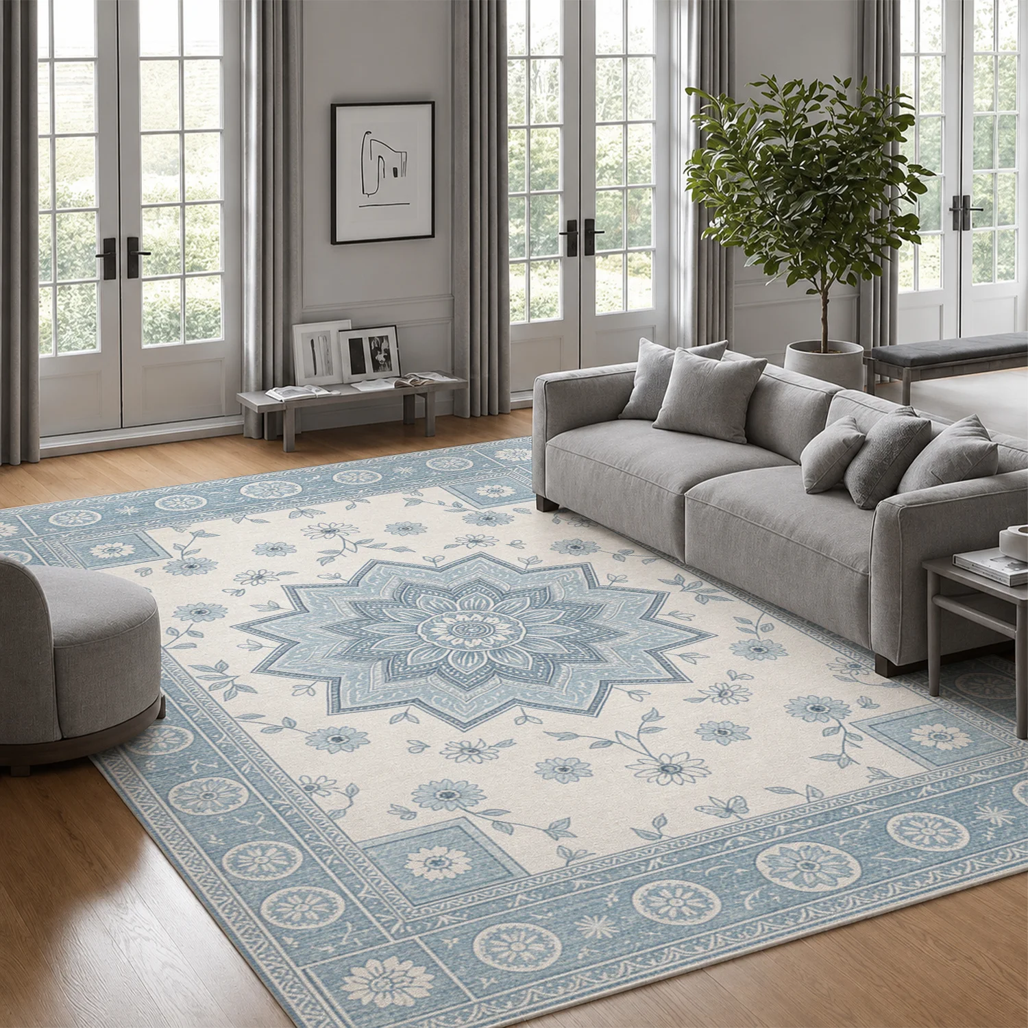 Blue White Floral Mandala Pattern Area Rug, Velvet Material, Machine Washable, Stays Firmly in Place, Suitable for Living Room, Bedroom, Dining Room, Perfect for Halloween, Thanksgiving, Black Friday, Cyber Monday, Christmas, New Year Decoration