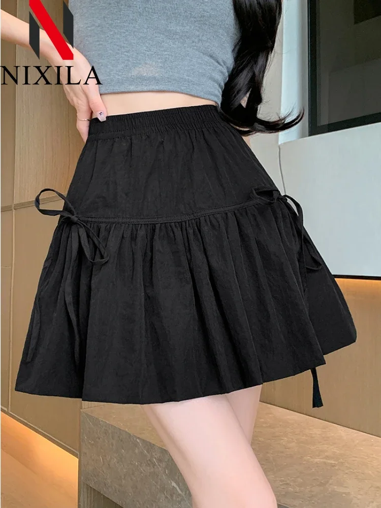 Spring Summer Elegant Skirts Commuter Bustier White Bow Elastic Short Skirt Skirt Casual High Waist Temperament Female Clothing