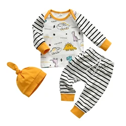 Fashion Newborn infant Baby Boy Clothes Set Patchwork Dinosaur Printed Long SleeveTop and Striped Pants Hat Spring Autumn Outfit