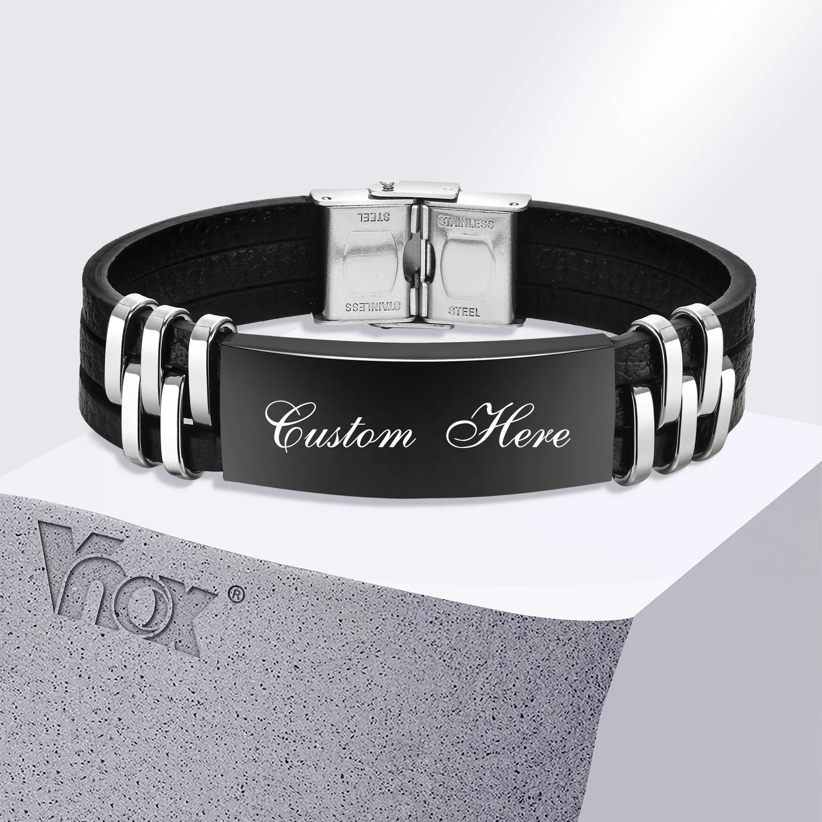 

Vnox Free Custom 15mm Steel Bangle Bracelets for Men, Black PU Leather Bracelets to Son Dad, Engrave Love Bible Quotes Dad Gift