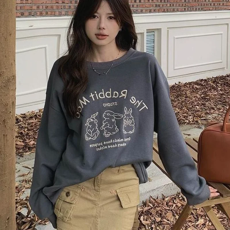 

Korean Style Women's Sweatshirt Cotton Casual Wear Round Neck New Autumn Early Spring Letter Print Lightweight Loose Hoodie