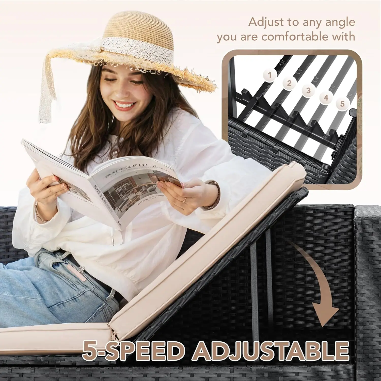 All Weather Wicker Rattan Pátio Sofá, Conjuntos de móveis com almofadas e mesa de vidro, ângulo ajustável manual, Chaise Lounge