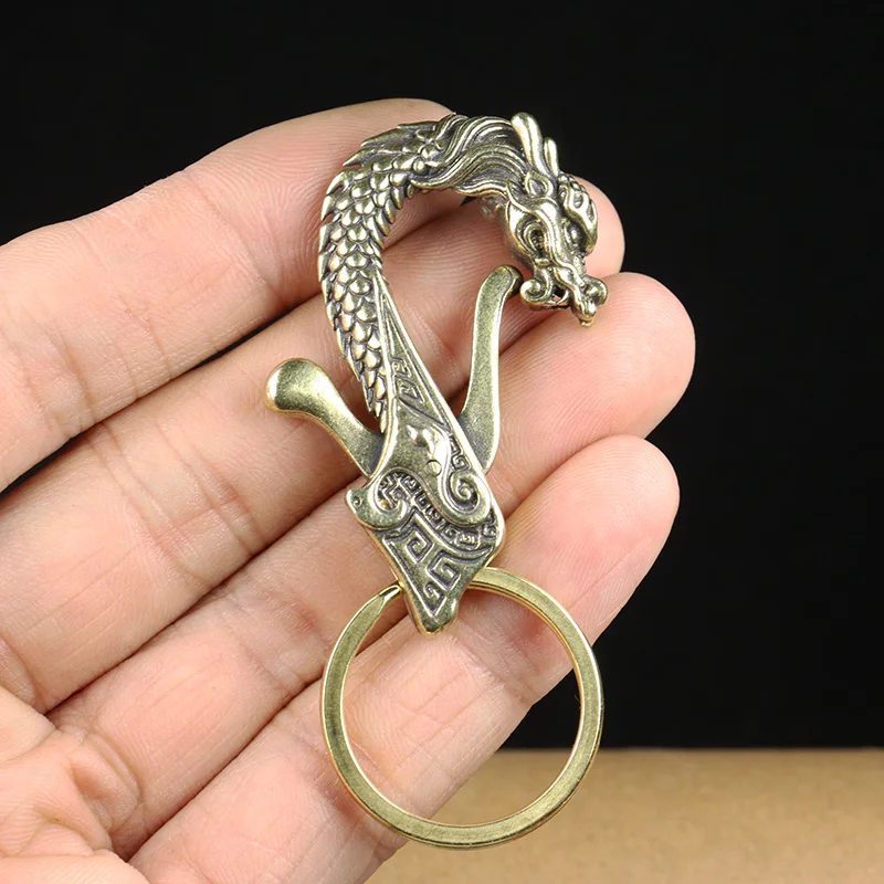 Vintage Brass Zodiac Dragon Head Keychain Antique Copper Dragon Carabiners Key Chains Men Waist Buckle Car Keys Holder Gifts