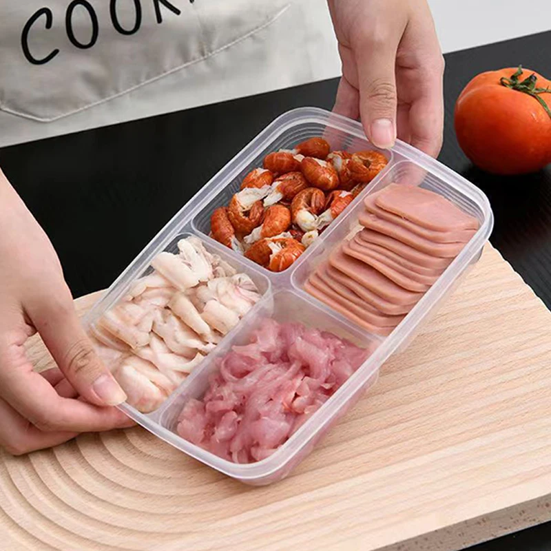 4 Grids Food Fruit Storage Box Portable Compartment Refrigerator Freezer Organizers Sub-Packed Meat Onion Ginger Clear Crisper