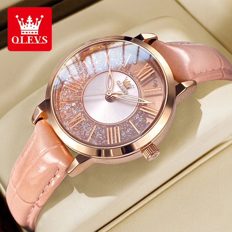 OLEVS 5539 Quartz Watch Woman Flowing Crystal Design Roman Numeral Scale Ladies Wristwatch Leather Strap Waterproof Womens Watch