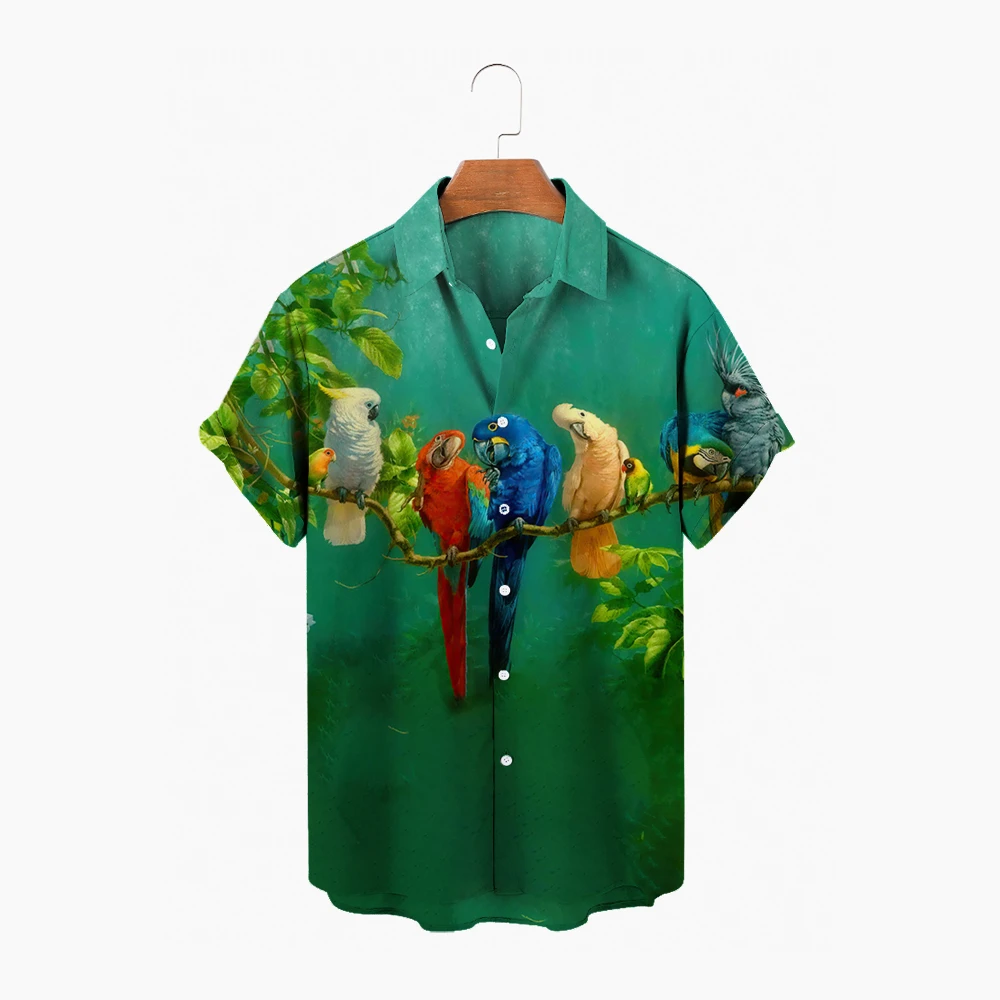Hawaiian Men\'s Short Sleeved Shirt, Open Neck, Single Button, Parrot And Animal Print, Fashion, Beach Top, Summer 2024