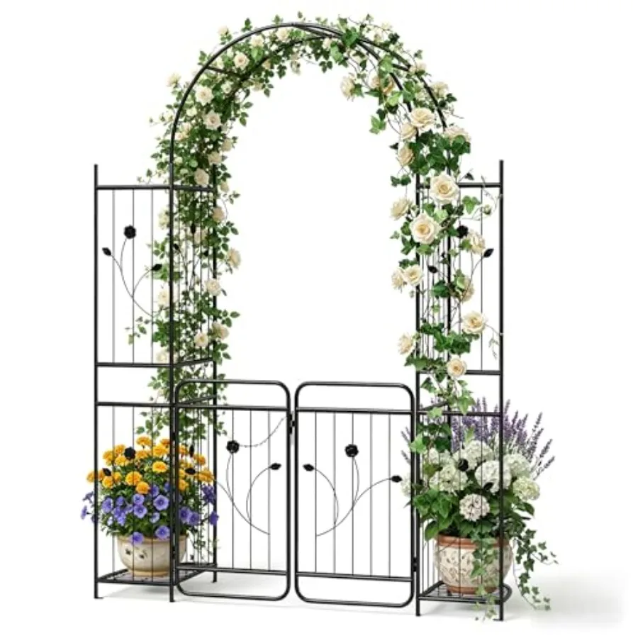 87-Inch Metal Garden Arch with Lockable Gate and Side Shelves for Outdoor Use, Black Powder-Coated Steel, Rust-Resistant and St