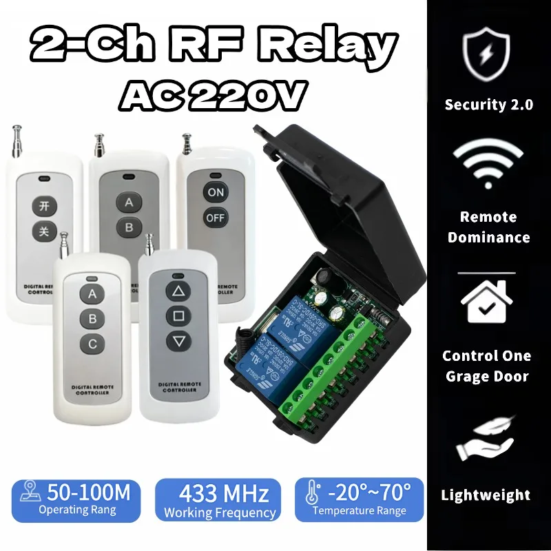 AC 220V RF433 Remote Control Switch Relay 2 Channels Multifunction Receiver Module Garage Curtain Motor Light Control
