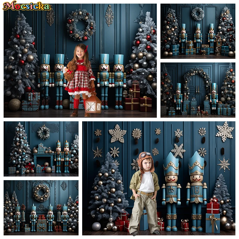 Mocsicka Christmas Wall Photography Backdrop Xmas Tree Toy Guard Gift Dark Blue Children Photo Background Wallpaper Photozone