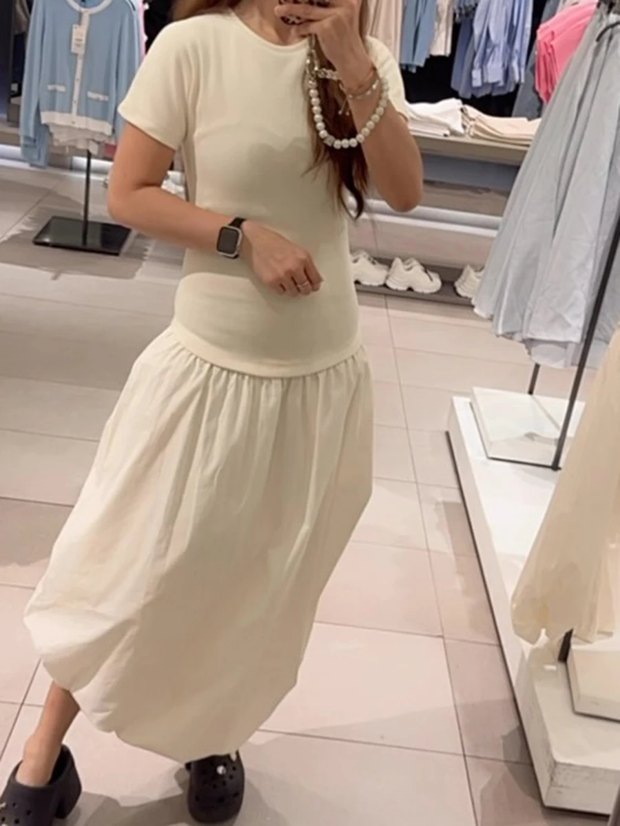 

Solid Patchwork Midi Dresses Women Crew Neck Slim Short Sleeve A-line Vestidos Summer Simple Casual Fashion Female Long Dresses