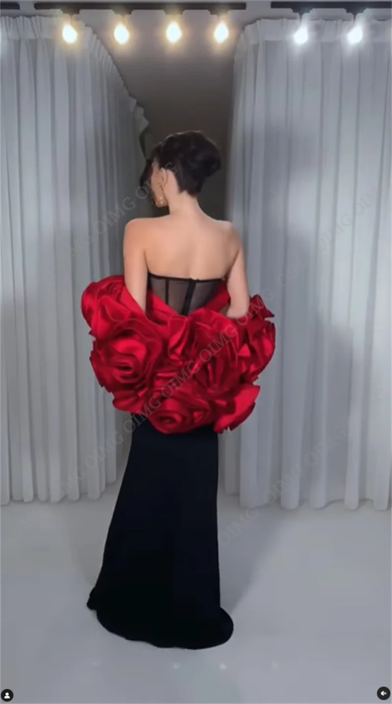 OIMG Red Strapless Evening Elegant Vintage Classic Black Flowers Cape Sleeves Formal Occasion Prom Dresses Party Evening Gowns