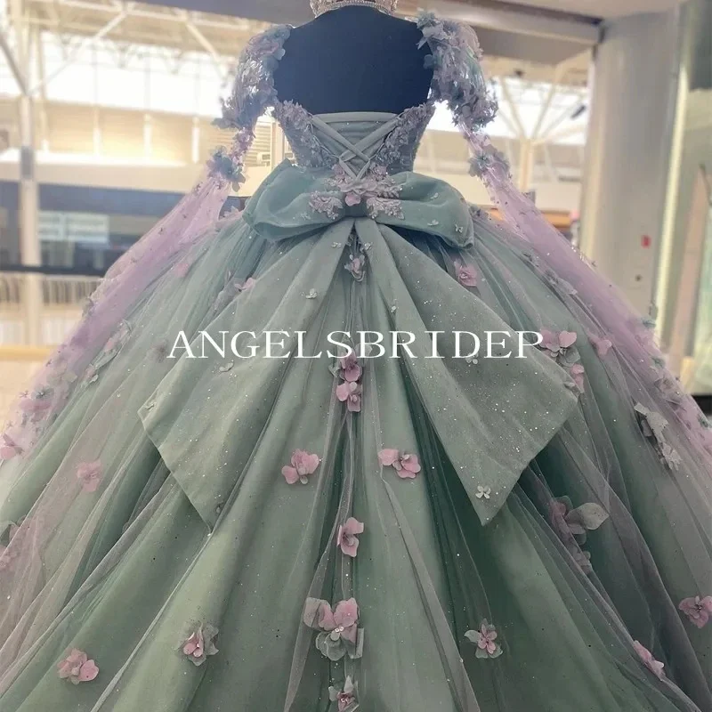 Glitter Off Shoulder Ball Gown Quinceanera Dresses With Big Bow 3D Handmade Flowers Appliques Vestidos 15 Princess Party Gowns