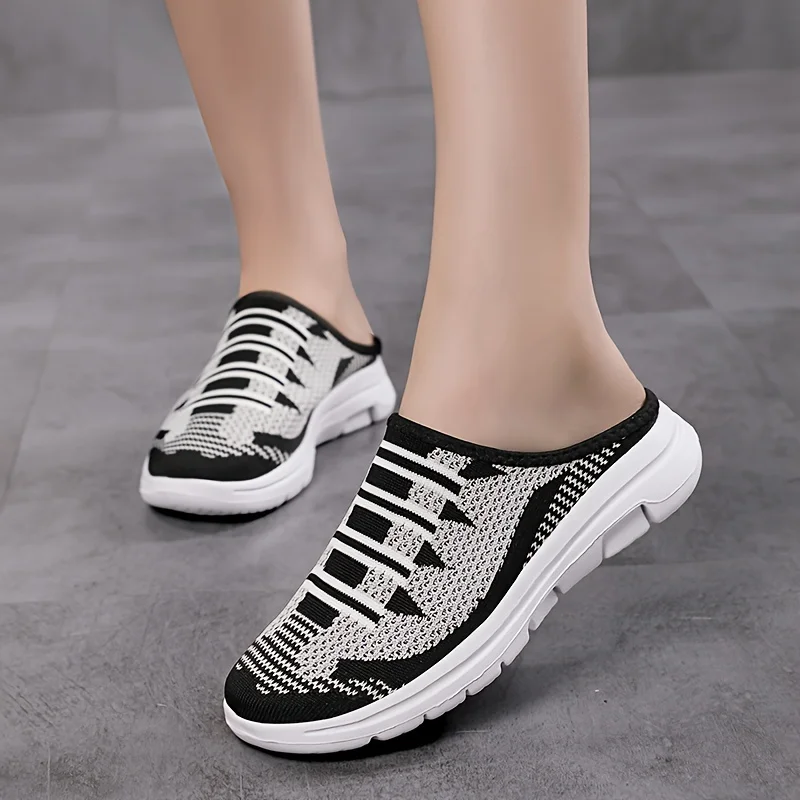 Women's Plus Size Slip-On Sneakers - Casual & Lightweight, Black and White Striped Knit Upper with EVA Sole Woman Shoes