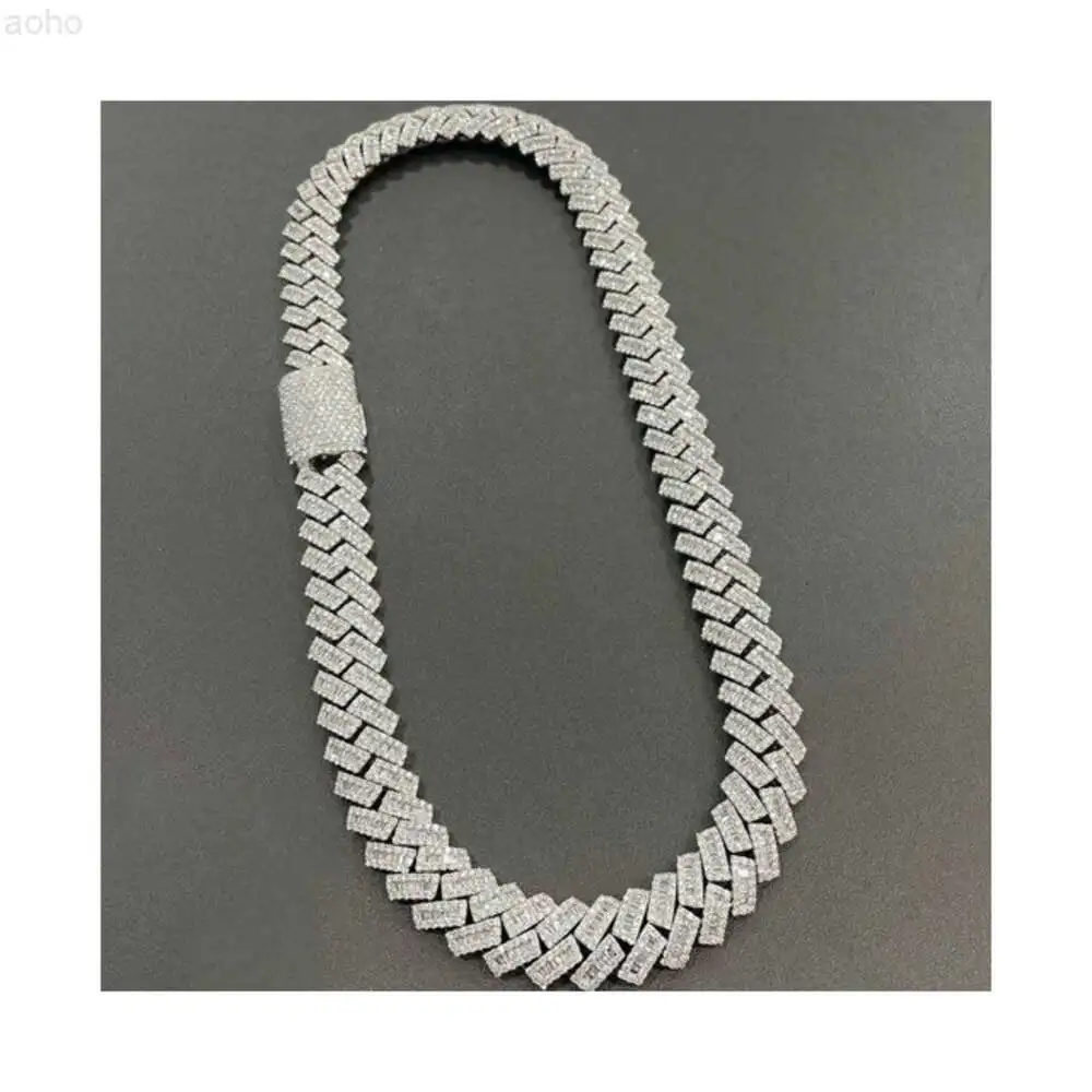 

14mm Baguette Miami Cuban Link Chain Vvs Moissanite Diamond Stubbed 925 Sterling Silver White Gold Plated with Baguette Lock