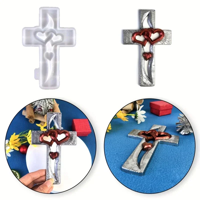 1pc Silicone Double Heart Cross Epoxy Resin Mold for DIY Wall Hanging,Home Decor,Birthday Gift Cross Shape Resin Decoration Mold