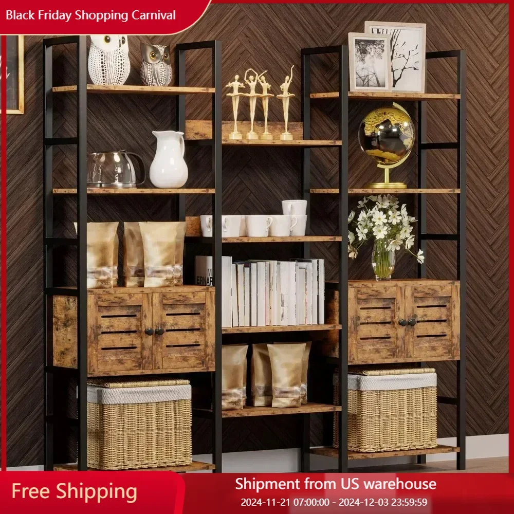 Bookcases, 5 Tiers with 2 Louvered Doors Triple Wide Display Shelf with Storage Cabinet  Iron Trapezoid Wall Mount Bookcase