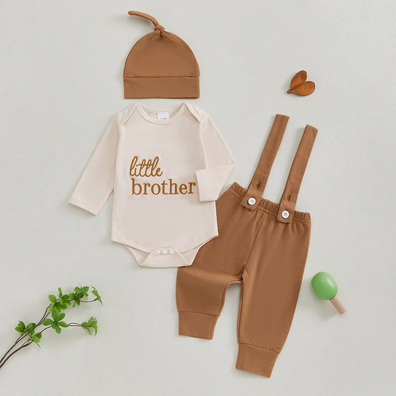 Baby Boys 3PCS Outfit Sets Long Sleeve Crew Neck Letter Embroidery Romper Solid Color Suspender Pants Hat Sets