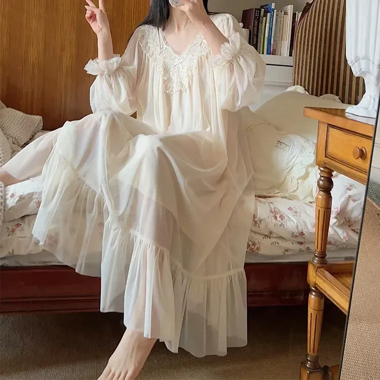 

Autumn Ladies Sleeve Style Mesh Neck Long Solid Korea Nightwear Nightdress Lace Women's Nightgowns For Female Fairy Spring