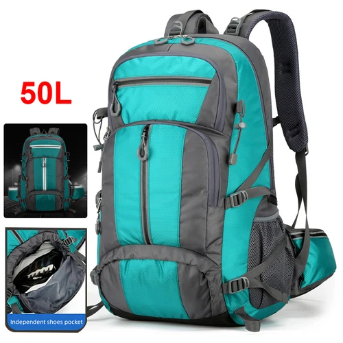 Mochila de nailon de 50L, bolsa para acampar, deporte al aire libre, senderismo, escalada, viaje, hombro, zapatos reflectantes, equipaje, bolsa para hombre al aire libre