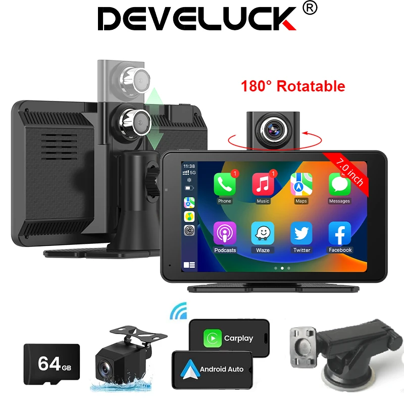 

Develuck 7 Inch Car Radio Multimedia Video Player Wireless Carplay And Wireless Android Auto 4G Touch Screen Dual Bluetooth GPS