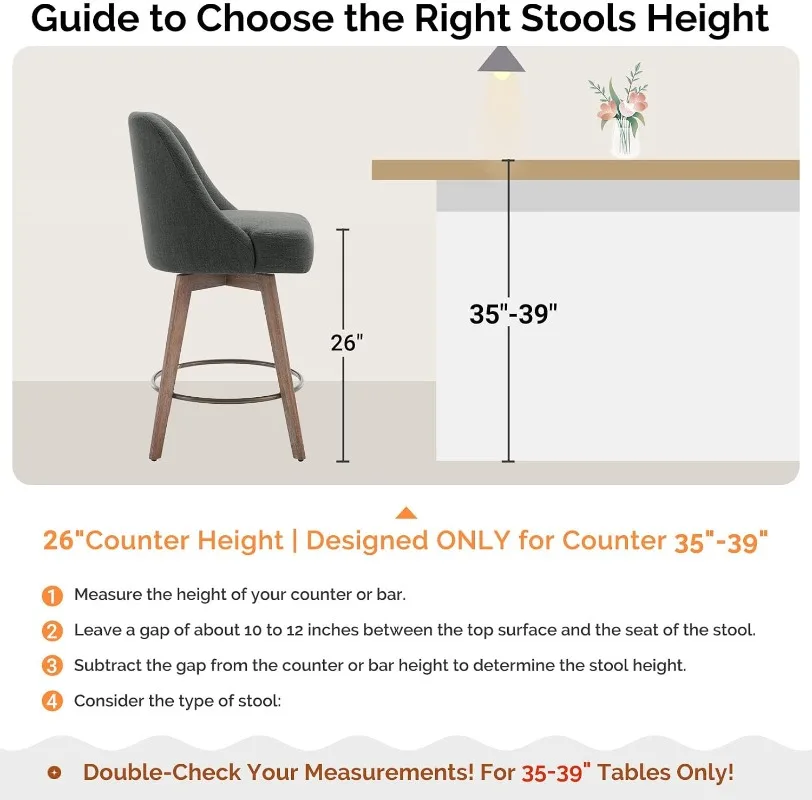 Bekrvio Counter Bar Stools Modern Mid-Century Swivel Barstools with Backs and Wood Legs Linen Fabric Upholstered Bar Chairs