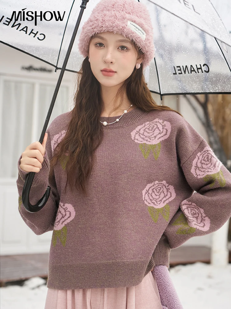 MISHOW Women\'s Rose Graphic Sweater 2023 Autumn Winter O-Neck Female Clothing Pullover Knitted Top Jacquard Knitwears MXC54Z0254