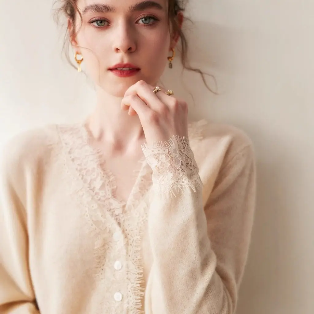

Women's High-End Cashmere Lace V Neck Cardigan Loose Large Size Autumn Winter Fashion Sweater Jacket