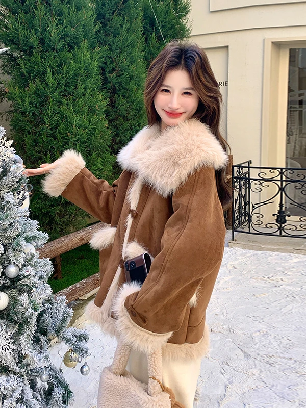 

Lamb Fur Jaet Women's ort Sle Warmth Padded Inteated Leather And Fur Thiened Autumn Winter New Arrival Casual Loose...