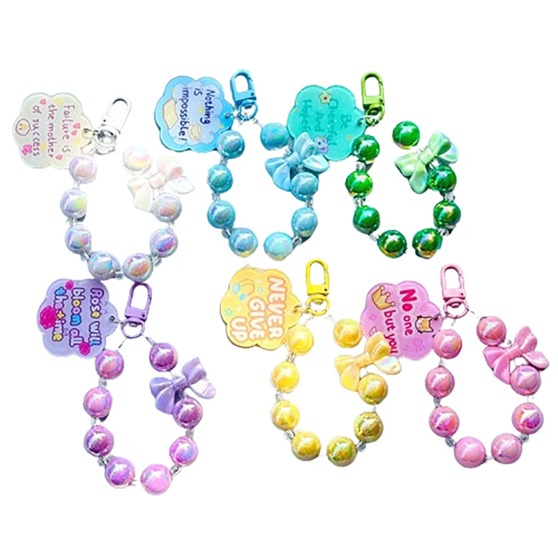 Kawaii Clear Acrylic Beaded Phone Chain Heart Wristlet Bracelet Keyrings Girls Phone Wrist Lanyard Women Purse Keychain