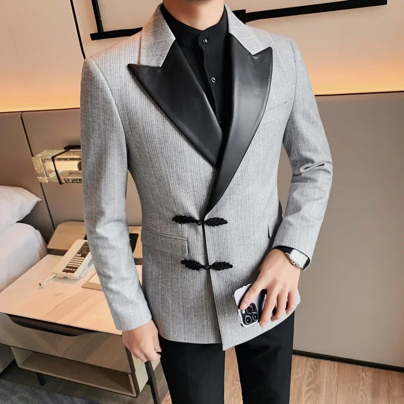 

Autumn Winter New Thick Tuxedo Blazers For Men Clothing Fashion PU Leather Spliced Collar Slim Fit Casual Jackets And Coats 4XL