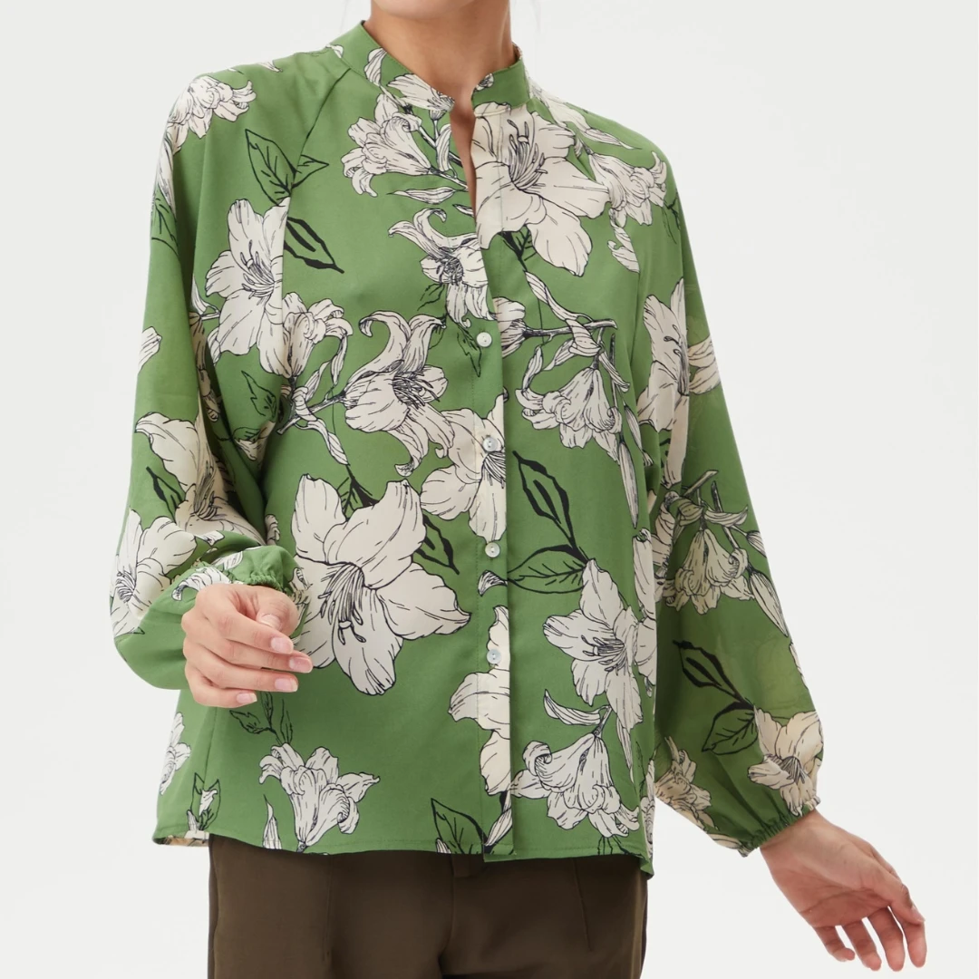 Traf Women's Green Floral Print Blouse Tops Slim Shirt Blusas Polyester Buttons Blusa Official Clothing Women 2024