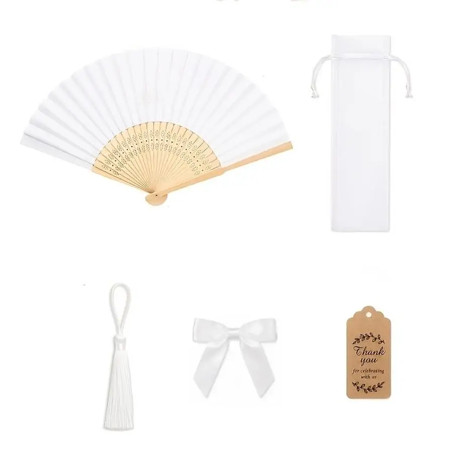 1/5/10/20/50/100pcs Hand Fans: Folding Fans + Mesh Bags + Tassels + Bows + Thank-You Cards. Perfect for Wedding Favors, Bridal S